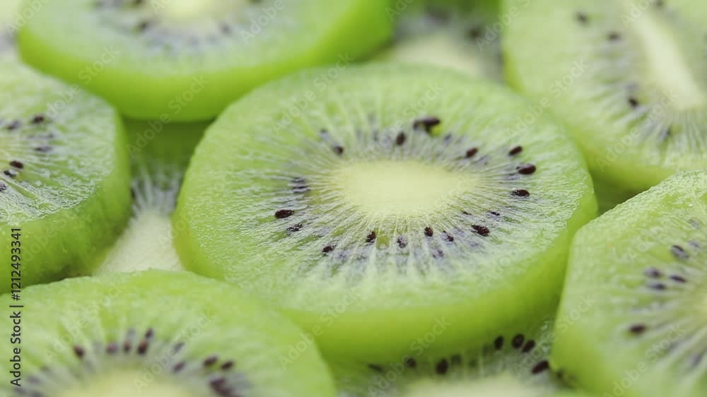 Heap of fresh kiwi fruit slices rotating. Close-up view