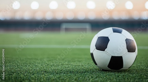 A close-up of a soccer ball on green turf, ready for an exciting match under stadium lights. Perfect for sport-themed projects.