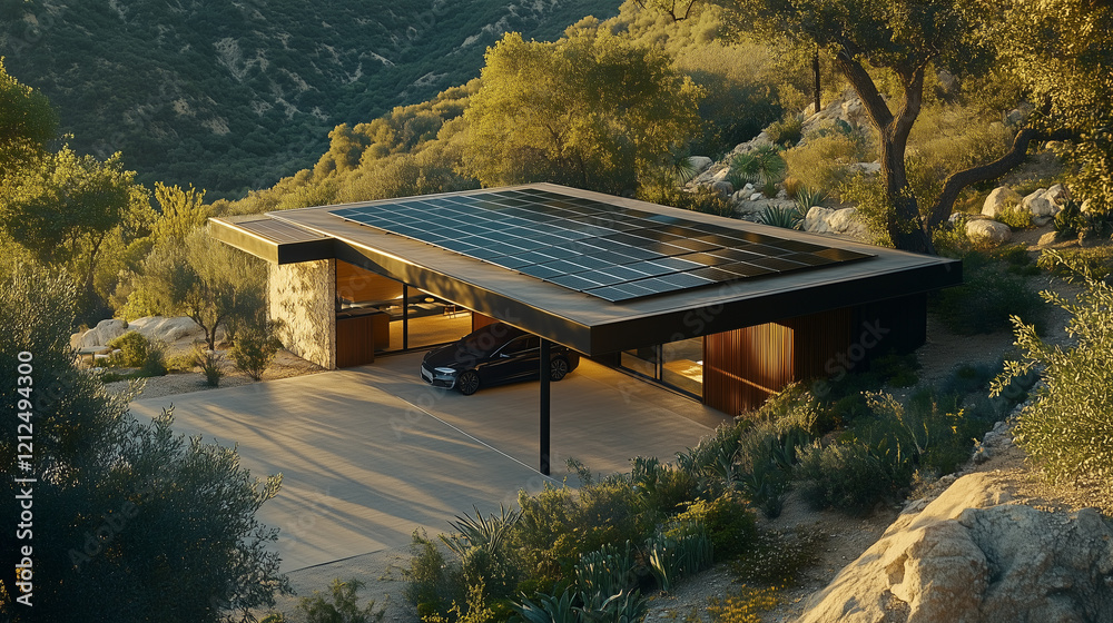 Sustainable home featuring sleek carport with solar panels charging electric vehicle