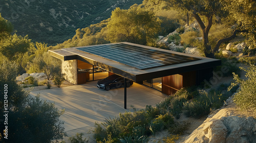Obraz na płótnie Sustainable home featuring sleek carport with solar panels charging electric vehicle w salonie