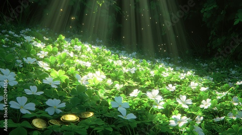 Enchanted Clover Meadow: A Digital Painting of  Sunlit  Flowers and Gold Coins