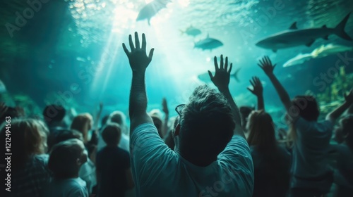 A thrilling moment as people interact with sharks in an aquarium, showcasing the captivating underwater world and the awe of marine life.