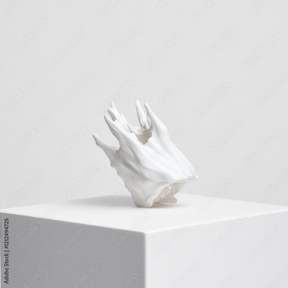 A sculptural piece resembling a stylized shell, displayed on a simple pedestal against a minimalist backdrop. A sculptural piece resembling a stylized shell, displayed on a simple pedestal against a minimalist backdrop.