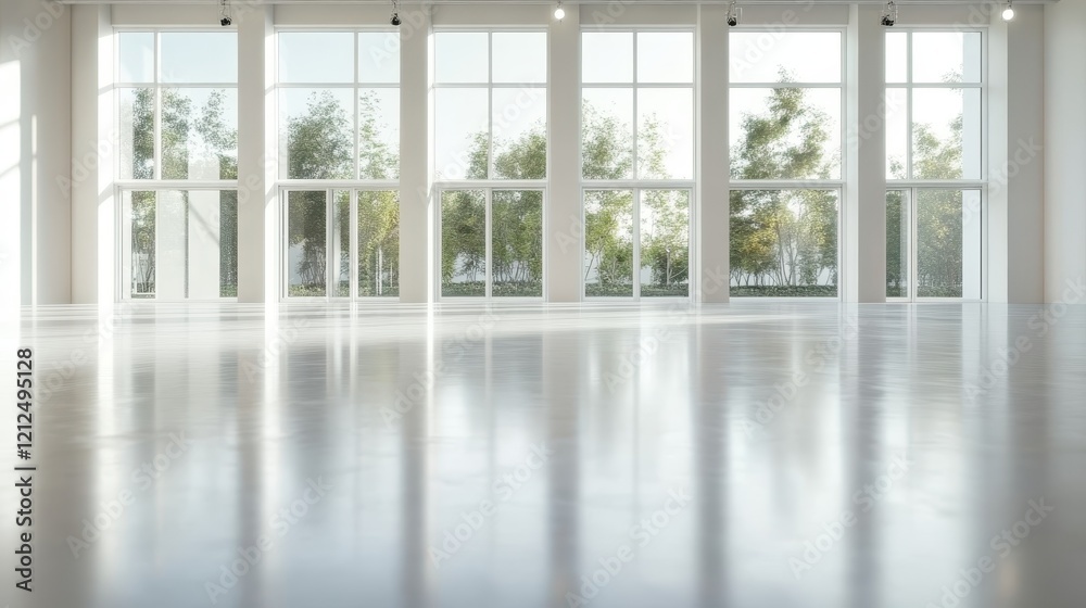 Fototapeta premium A bright and airy interior featuring expansive windows that invite natural light, showcasing a serene view of lush greenery outside, ideal for tranquil settings.