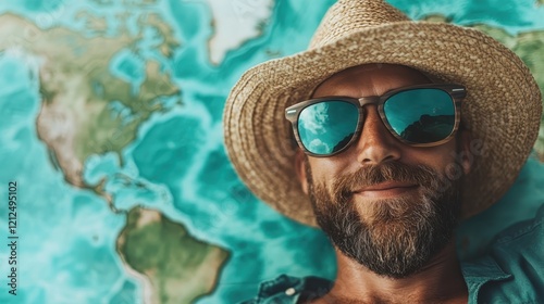 A stylish man wearing sunglasses and a straw hat relaxes on a world map, capturing the essence of adventure, exploration, and carefree travel experiences. photo