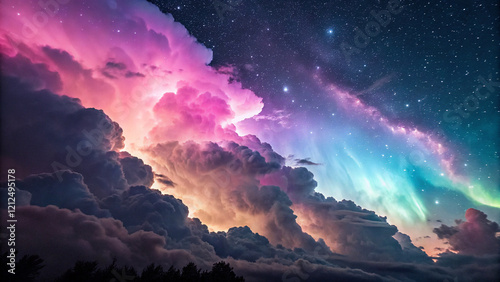 Colorful clouds cascade like auroras in a cosmic dreamscape