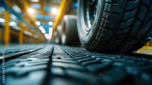 An industrial image depicting a warehouse filled with high-quality tires, showcasing the detail and tread of the tires set against a blurred background of the facility. photo