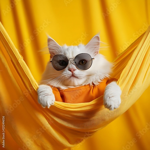 Adorable white cat relaxing in sunglasses hammock photo