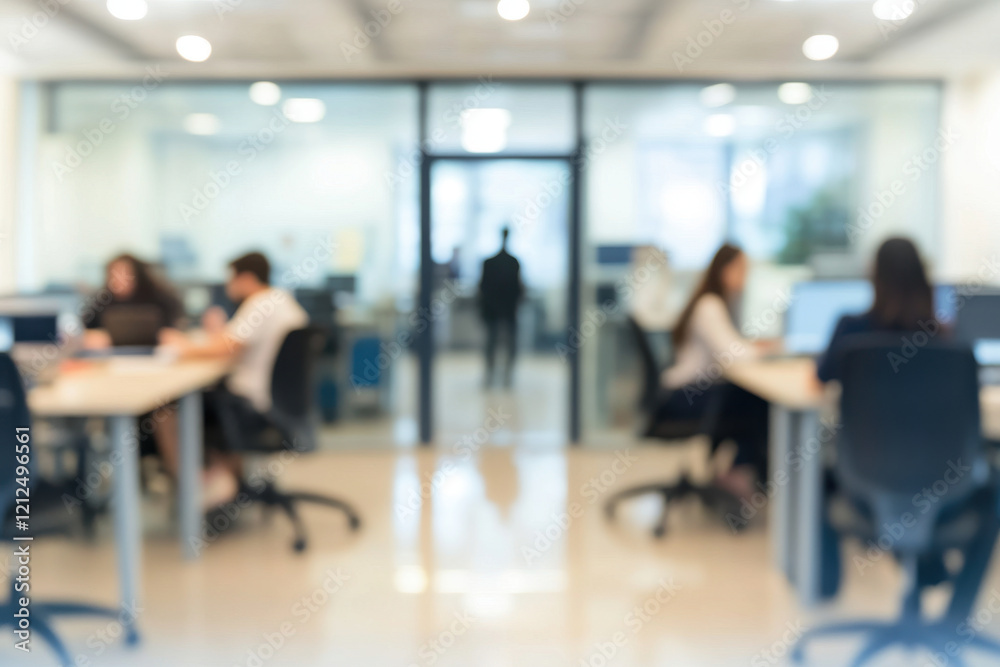 Blurred office scene with people working and figure in background Blurred office scene with people working and figure in background
