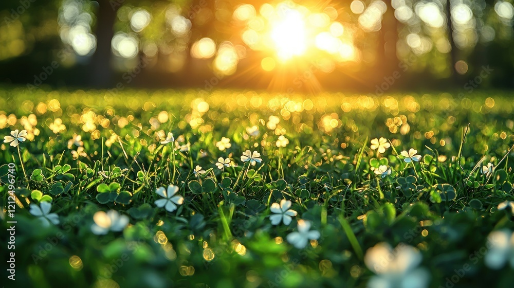 Fototapeta premium Golden Hour Meadow: Serene Sunset Over Clover Field