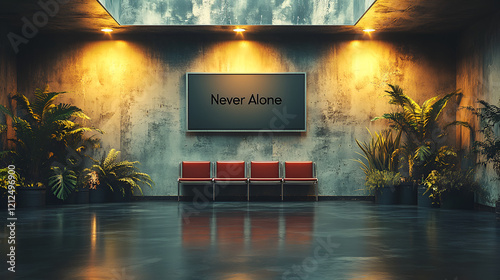 A minimalist waiting area with red seats, lush plants, and a 