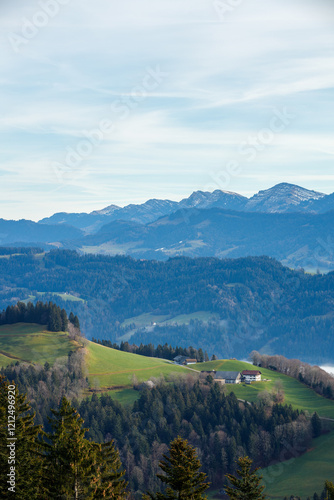 Beautiful landscape of Pfander mountains, Austria. Blue sky and green valley  photo