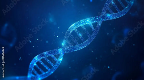 Futuristic Blue DNA Double Helix Vector Illustration on Dark Blue Background, Science Research Concept for Medical Biomimetic Technology with Copy Space.