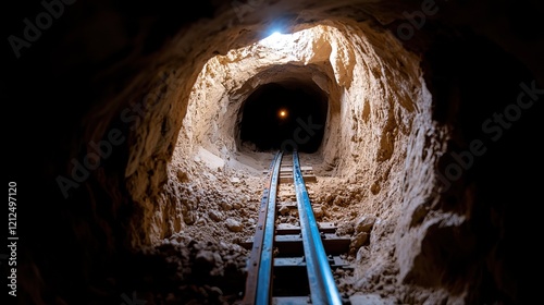 A dimly lit tunnel with railway tracks leading into darkness, illuminated by a single overhead light. photo