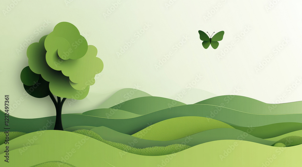 Fototapeta premium serene green landscape with tree and butterfly in paper cut style