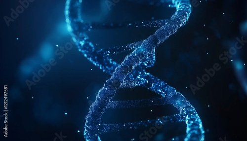 Futuristic Blue DNA Double Helix Vector Illustration on Dark Blue Background, Science Research Concept for Medical Biomimetic Technology with Copy Space.