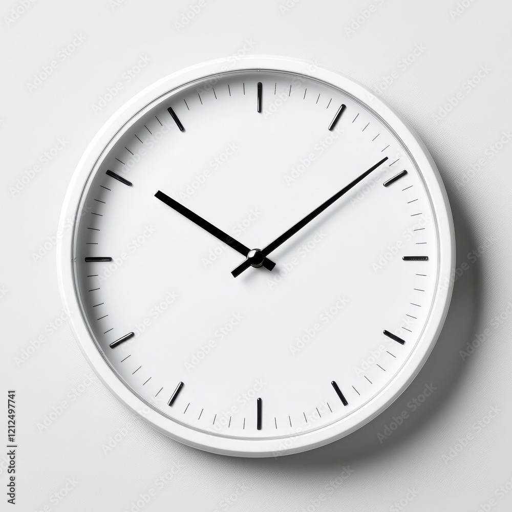 A minimalistic white wall clock with black hands and simple markings, emphasizing clean design and functionality. A minimalistic white wall clock with black hands and simple markings, emphasizing clean design and functionality.