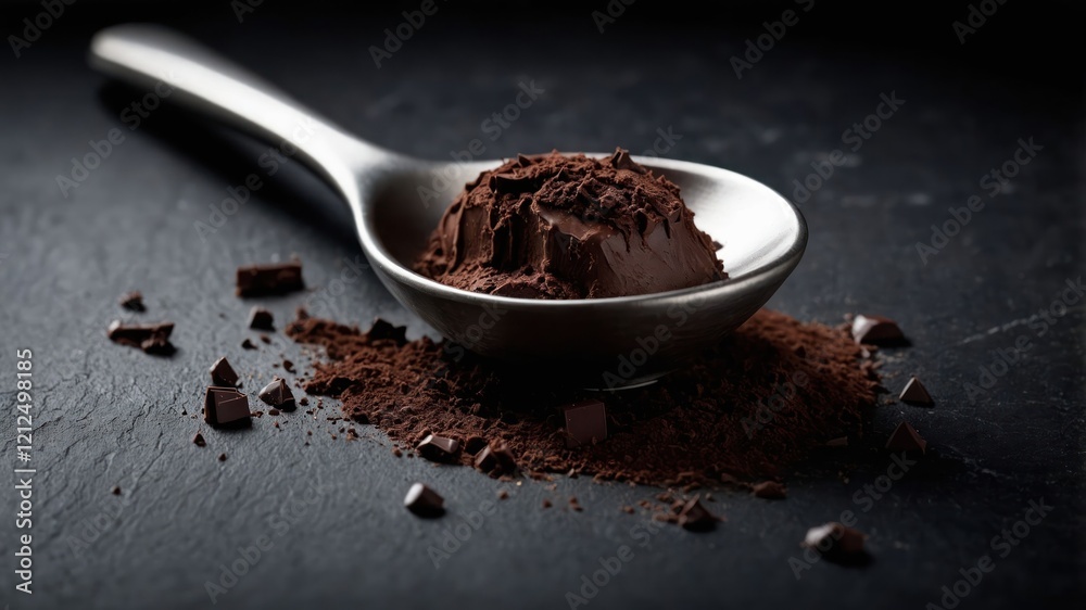 A spoonful of cocoa powder and chocolate pieces on a dark surface. A spoonful of cocoa powder and chocolate pieces on a dark surface.