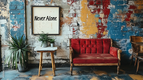 A cozy, industrial-style room features a red couch, plants, and 