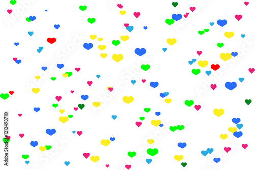 Rainbow colored scattered hearts on white background