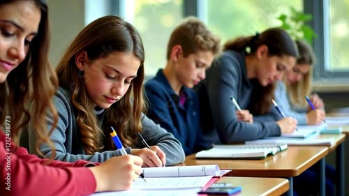 High school and college students working on writing assignments and essays as part of their academic studies. A diverse group of male and female students is engaged in taking notes, studying, and answ