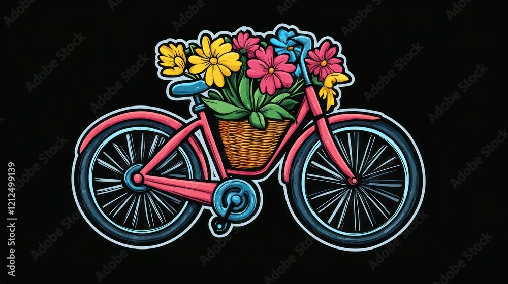 Fototapeta premium Whimsical bicycle illustration with a basket full of vibrant blooming flowers