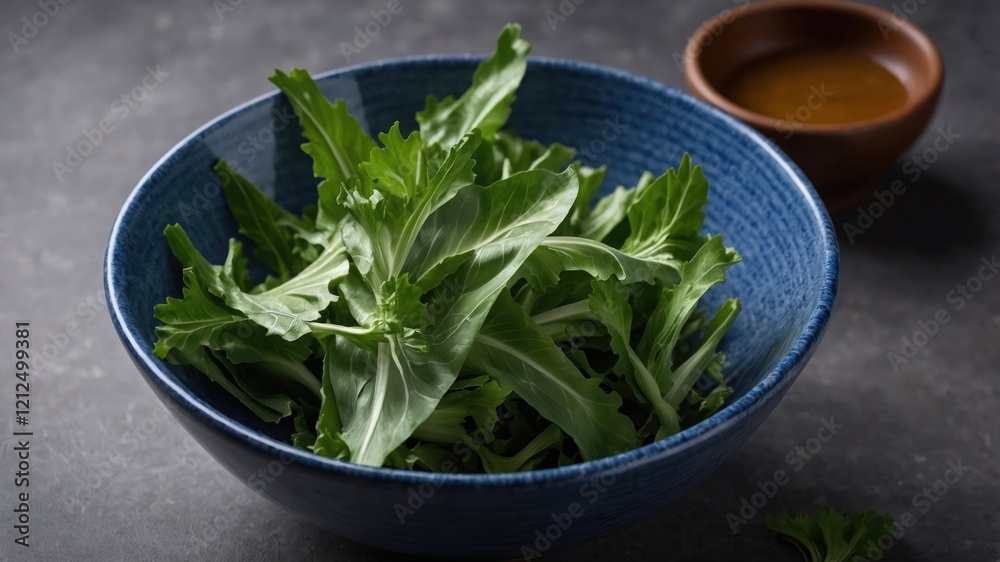 Fresh leafy greens in a blue bowl with a small bowl of dressing nearby. Fresh leafy greens in a blue bowl with a small bowl of dressing nearby.
