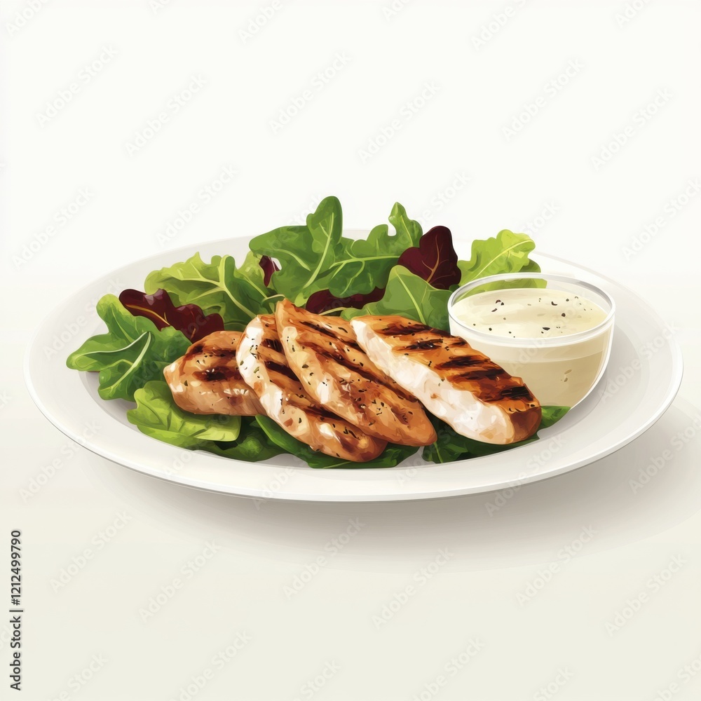 A serene image of a low-calorie lunch, featuring grilled chicken, mixed greens A serene image of a low-calorie lunch, featuring grilled chicken, mixed greens