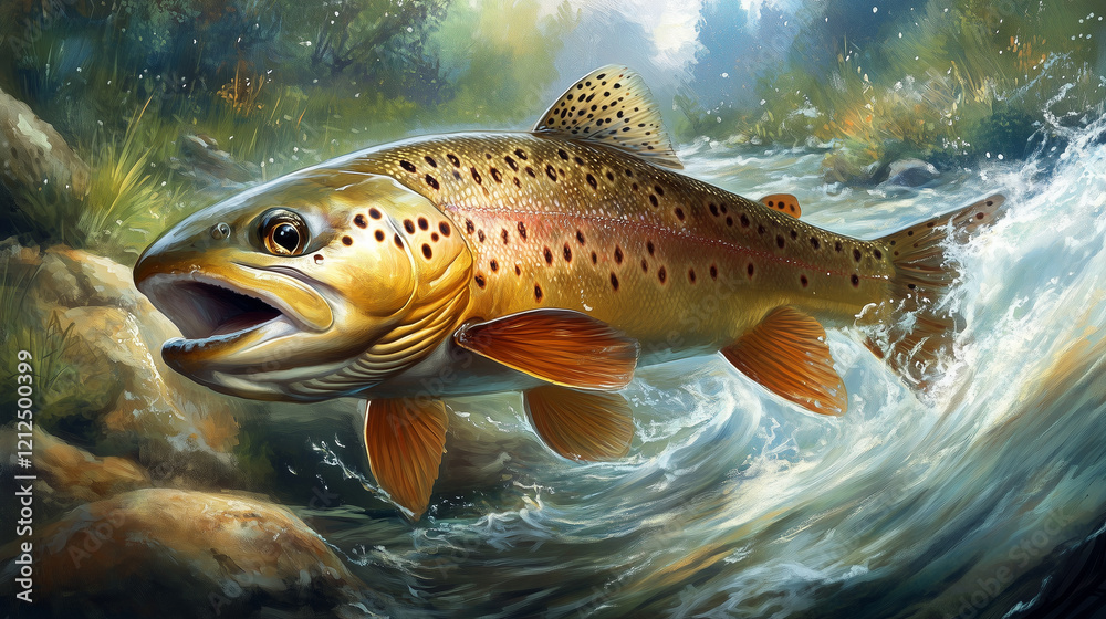Brown trout migrating upstream, creating dynamic splashes and white foam while navigating swift river currents Brown trout migrating upstream, creating dynamic splashes and white foam while navigating swift river currents