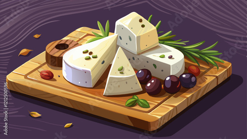 Crumbly white feta cheese wedges on a wooden board with fresh thyme sprigs and Kalamata olives , Mediterranean