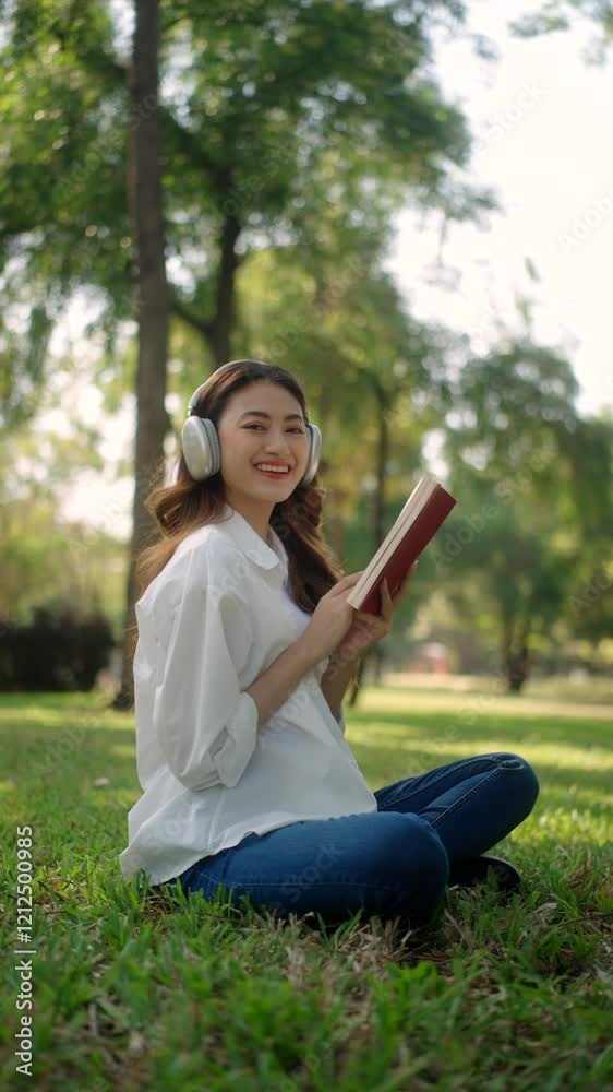 Peacefulness moment of young people reading book and listen to music in relaxation time at nature park. Asian woman relaxing and enjoying picnic in summer or spring outdoors.
Peacefulness moment of young people reading book and listen to music in relaxation time at nature park. Asian woman relaxing and enjoying picnic in summer or spring outdoors.