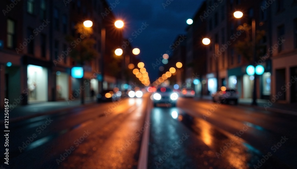 Blurred night street scene with glowing lights and cars on a wet road. Blurred night street scene with glowing lights and cars on a wet road.