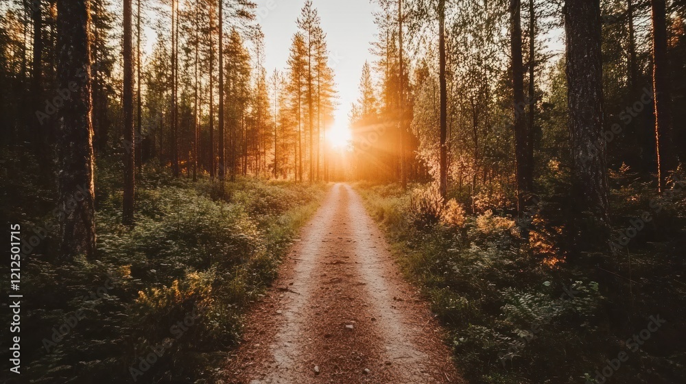 Fototapeta premium Sunset Path in a Pine Forest: A Serene Journey