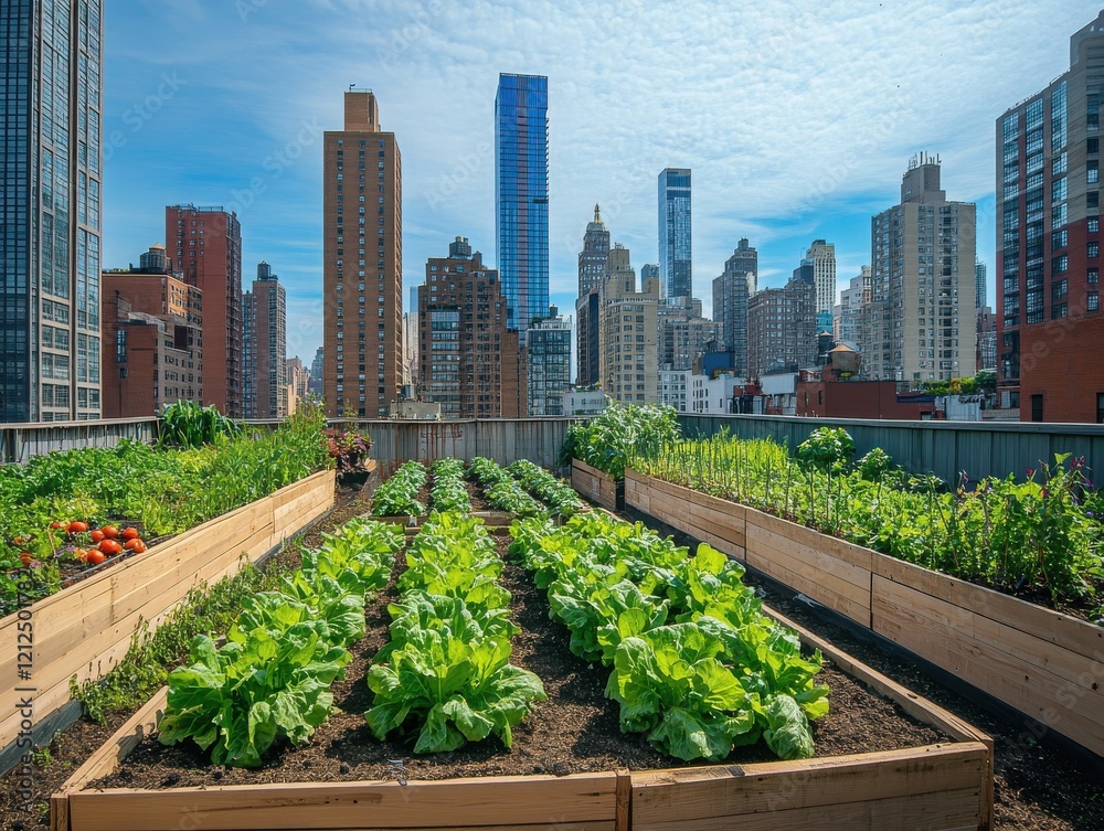 Fototapeta premium Urban rooftop garden flourishing amidst skyscrapers with vibrant greenery and diverse crops under a bright blue sky. Generative AI