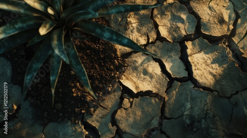 Cracked earth and resilient plant thrive under harsh sunlight in a dry landscape photo