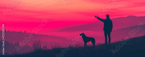 man points toward horizon while standing with his dog against vibrant pink sunset. scene evokes sense of adventure and companionship in nature photo