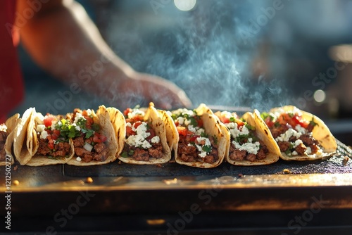 Grilled tacos arranged neatly, showcasing vibrant toppings and s photo