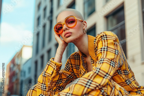 Stylish Woman in Yellow Plaid Outfit and Orange Sunglasses photo