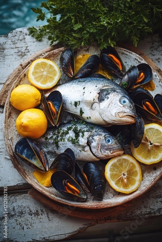 Fresh fish and mussels arranged artistically with slices of lemo photo