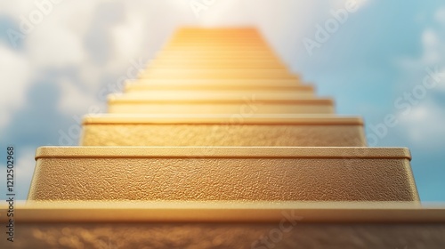 A close-up view of golden steps leading towards a bright sky, symbolizing aspiration and upward movement.
