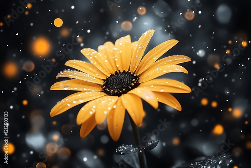 Vibrant yellow daisy, macro photography, water droplets on petals, soft bokeh background, warm golden light, dreamy atmosphere, colorful blurred highlights, dew-covered flower, nature close-up, shallo photo