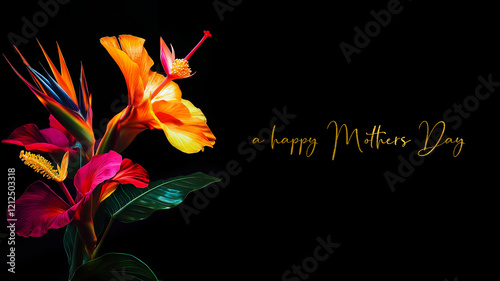 Bunte tropische Blumen auf schwarzem Hintergrund, 'a happy Mother's Day' in Gold, ideal für Muttertagsgrüße photo