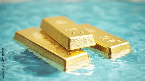 Three shiny gold bars resting on a tranquil blue surface, reflecting light and creating an elegant, luxurious atmosphere.