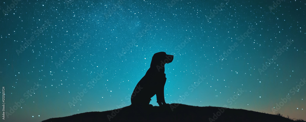 Fototapeta premium silhouette of dog sitting on hill under starry night sky, creating serene and peaceful atmosphere