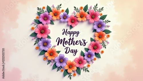 The image shows a heart-shaped floral arrangement with colorful flowers and green leaves surrounding the text 