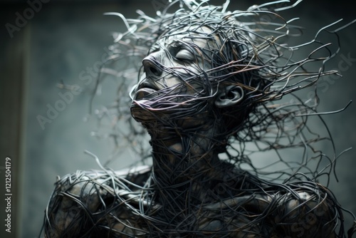 3d render of a futuristic woman covered and strangled by metallic wires, expressing suffocation and captivity
