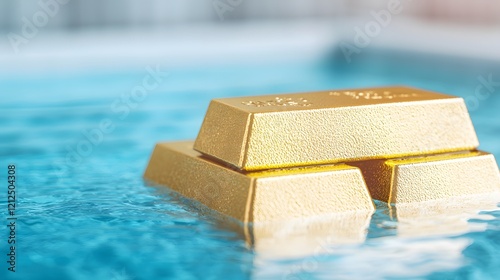 A close-up of gold bars partially submerged in water, reflecting light, showcasing their shiny texture and luxury.