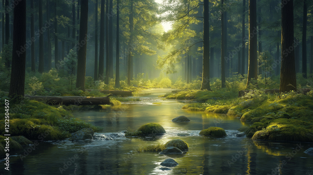 Obraz premium Serene Forest Stream with Sunlight Filtering Through Trees