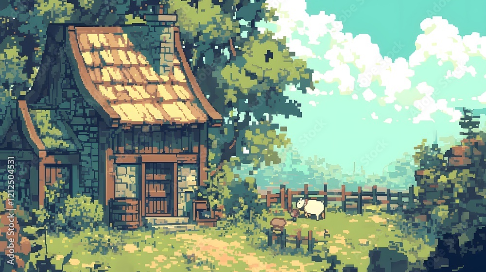 Fototapeta premium A pixel art scene of a rustic farm with a wooden fence, surrounded by lush greenery and animated life
