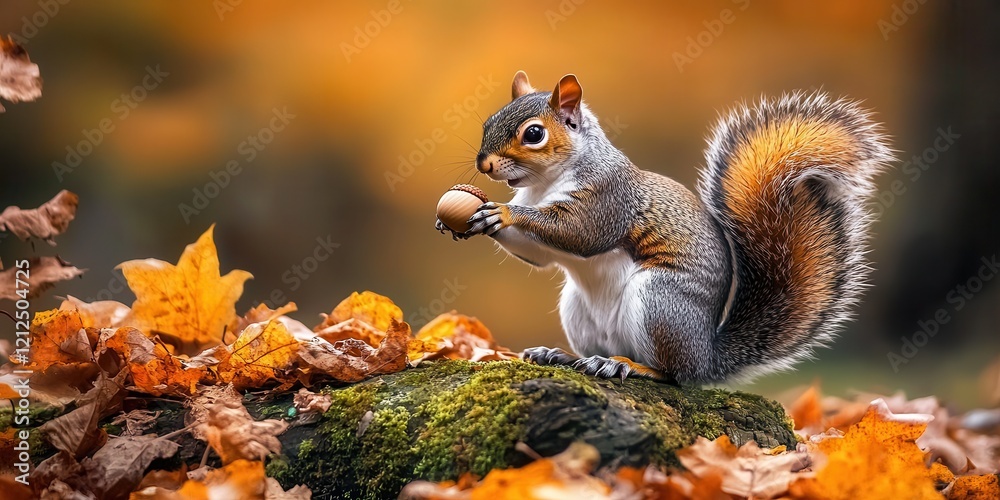 Curious squirrel holding an acorn on mossy log during autumn in forest. Curious squirrel holding an acorn on mossy log during autumn in forest.